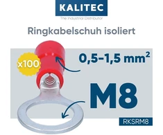 100 vnt. Kalitec Rksrm8 žiedinių kabelių antgalių rinkinys 0,5-1 mm² I iš dalies izoliuoti M8 raudoni I variniai I Pvc mova I skirti kabeliams ar laidams jungti I kabelio antgalis I kabelio jungtis I apsaugo elektros instaliaciją