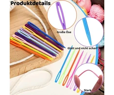 100 vnt. plastikinių siuvimo adatų, 7 cm, didelė akelė, spalvotos