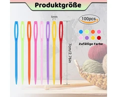 100 vnt. plastikinių siuvimo adatų, 7 cm, didelė akelė, spalvotos
