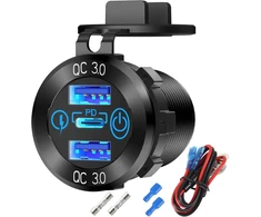 12 V Usb aliumininis automobilinis įkroviklio lizdas Pd3.0 Type C ir dvigubas Quick Charge 3.0 Usb prievadas, daugkartiniai vandeniui atsparūs 12 V Usb lizdai su jutikliniu jungikliu, saugiklio kabelių rinkinys automobiliui, valčiai, jachtai, Rv, motocikl