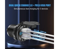 12 V Usb aliumininis automobilinis įkroviklio lizdas Pd3.0 Type C ir dvigubas Quick Charge 3.0 Usb prievadas, daugkartiniai vandeniui atsparūs 12 V Usb lizdai su jutikliniu jungikliu, saugiklio kabelių rinkinys automobiliui, valčiai, jachtai, Rv, motocikl