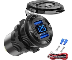 12 V usb lizdo laido aliuminio automobilinis įkroviklis su keliais prievadais, dvigubas usb qc 3.0 prievadas ir pd usb-c lizdas su voltmetro jungikliu automobiliui, valčiai, jachtai, sunkvežimiui, greitas įkrovimas, skirtas iphone ipad android mobiliesiem