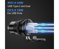 12 V usb lizdo laido aliuminio automobilinis įkroviklis su keliais prievadais, dvigubas usb qc 3.0 prievadas ir pd usb-c lizdas su voltmetro jungikliu automobiliui, valčiai, jachtai, sunkvežimiui, greitas įkrovimas, skirtas iphone ipad android mobiliesiem