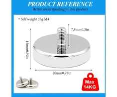 15 neodimio magnetų, 20 mm skersmens, su m4 sriegiu, 14 kg sukibimo jėga, magnetinės sistemos, apvalūs neodimio magnetai su sriegiu, ypač stiprūs magnetai varžtams, kilpelėms ar kabliams