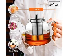 Virdulys 1600 ml stiklinis arbatinukas su sietelio įdėklu, cmxing arbatinukas su nuimamu nerūdijančio plieno arbatos sieteliu, borosilikatinio stiklo arbatos servisas juodajai, žaliajai arbatai