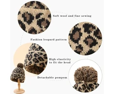 2 dalių megzta kepurė moterims su leopardo rašto burbuliuku, žieminė šilta kepurė, megzta kepurė su gyvūnų raštu, beanie kepurė su bumbulu, beanie kepurė su gyvūnų raštu, leopardo rašto vilnonė kepurė, slidinėjimo kepurė moterims ir mergaitėms