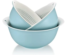 2-in-1 daugiafunkcinis virtuvės koštuvas, 3 dalių dvigubo sluoksnio koštuvų rinkinys, plastikinis makaronų koštuvas, kiaurasamtis vaisiams, ryžiams, daržovėms, salotoms, virtuvinis koštuvas, 3 dydžių, mėlynas