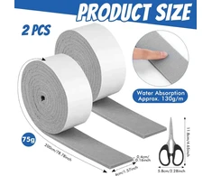 2 ritiniai lipnios veltinio juostos, 2 m x 4 cm, lipnūs veltinio padėkliukai su žirklėmis, 0,4 cm storio veltinio juostelės, lipnus veltinis langams, apsaugančios nuo kondensato juostelės, efektyvus drėgmės sugėrimas