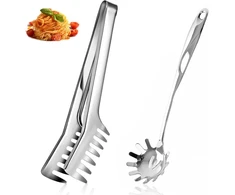 2 spaghetti šaukštų ir makaronų žnyplių rinkinys, spaghetti serviravimo rinkinys, galima plauti indaplovėje, pagamintas iš nerūdijančio plieno spaghetti šaukštų namams, viešbučiui, restoranui, banketui, bufetui ir kt.