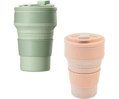 2 sulankstomų silikoninių puodelių rinkinys, 350 ml nešiojami silikoniniai puodeliai, sulankstomas kavos puodelis, daugkartinio naudojimo sulankstomas kelioninis puodelis, skirtas iškyloms, stovyklavimui, žygiams, kelionėms, žalias, rožinis