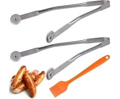 2 vnt. grilio žnyplių su ratukais, 30 cm bbq dešrelių vartymo žnyplės su silikoniniu teptuku ir šluoste, pasukamos bbq virtuvės žnyplės, bbq dešrelių vartymo žnyplės, nerūdijančio plieno ilgos grilio žnyplės