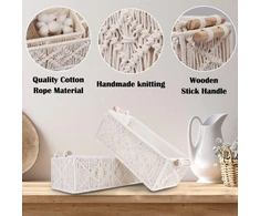 2 x Macrame laikymo krepšiai su medinėmis rankenomis, Haotian-x Baltas Boho vonios kambario dekoras, pinti krepšiai lentynoms, rankų darbo stalviršio tualetinio staliuko spintelės dėžutės miegamajam