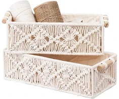 2 x Macrame laikymo krepšiai su medinėmis rankenomis, Haotian-x Baltas Boho vonios kambario dekoras, pinti krepšiai lentynoms, rankų darbo stalviršio tualetinio staliuko spintelės dėžutės miegamajam