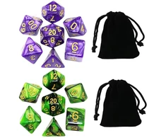 2 žaidimo kauliukų rinkinys, skirtas dungeons and dragons vaidmenų žaidimams, poliedrinių kauliukų rinkinys su juodu maišeliu (perlo tamsiai žalia + perlo violetinė)