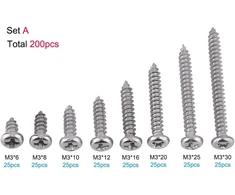 200 vnt. M3 304 nerūdijančio plieno Phillips galvutės sraigtai su įpjova M3x6mm/8mm/10mm/12mm/16mm/20mm/25mm/30mm