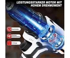 21 V akumuliatorinis suktuvas-gręžtuvas su 2 x 1,5 Ah akumuliatoriais ir įkrovikliu, 25+1 sukimo momentas, 45 Nm max smūginis gręžtuvas, 2 greičiai ir led, 26 dalių priedų rinkinys namų ir sodo "pasidaryk pats" projektams, baltas