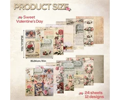 24 vnt. vintažinio scrapbooking popieriaus rinkinys, 12 dizainų, vienpusis scrapbooking popierius, rožių estetika, dekoratyvinis rankdarbių popierius, rankų darbo valentino dienos kartonas scrapbooking "pasidaryk pats" amatų nuotraukų dekoravimui