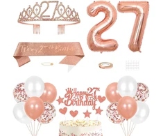 27-ojo gimtadienio dekoracija mergaitėms, gimtadienio karalienės tiara, princesės karūnos, 27-ojo gimtadienio juosta, 27 metų gimtadienio torto dekoracija, skaičių žvakės, balionų rinkinys, mergaičių gimtadienio vakarėlio dekoras, rožinis auksas
