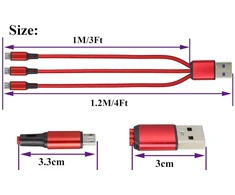 3-in-1 Usb 2.0 Micro Kabelis, 1.2m, Raudonas (2 vnt.)