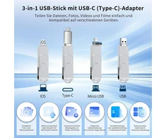 3-in-1 Usb atmintinė 256gb su Usb-c adapteriu, skirta telefonui/android/planšetei/pc/nešiojamam kompiuteriui, išorinė photostick atmintinė - efektyvus duomenų/nuotraukų/video atsarginis kopijavimas, suderinama su Ios ir Android (sidabrinė)