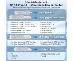 3-in-1 Usb atmintinė 256gb su Usb-c adapteriu, skirta telefonui/android/planšetei/pc/nešiojamam kompiuteriui, išorinė photostick atmintinė - efektyvus duomenų/nuotraukų/video atsarginis kopijavimas, suderinama su Ios ir Android (sidabrinė)
