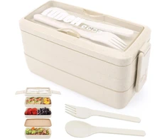 3 sluoksnių priešpiečių dėžutė bento box suaugusiems, 4-in-1 maisto ruošimo dėžutės su šakute ir šaukštu, 1000 ml maisto laikymo dėžutė vyrams moterims studentams, tinkama naudoti mikrobangų krosnelėje ir indaplovėje (smėlio spalvos)