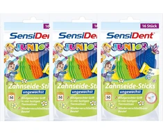 3 x Sensident dantų siūlas vaikams * Sticks nevaškuotas * draugiškas vaikams 16 vienetų nuo 6 metų