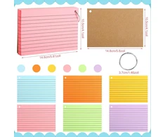 300 A6 formato kortelių rinkinys, 150 g/m² linijuotos kartotekos kortelės, spalvingos atmintinės kortelės su 6 rišimo žiedais, 12 kraft popieriaus kortelių kelionėms, mokyklai, biurui, namams (6 spalvos)