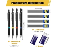 4 Mechaniniai Pieštukai 0.3-0.9mm su Papildymais ir Trintukais