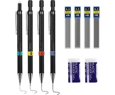 4 Mechaniniai Pieštukai 0.3-0.9mm su Papildymais ir Trintukais