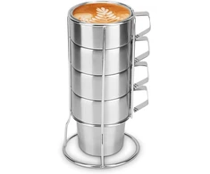 4 nerūdijančio plieno puodelių rinkinys, dvigubų sienelių nerūdijančio plieno kavos puodeliai, espresso puodelių rinkinys su stovu, sudedami puodeliai, espresso puodeliai su stovu namams, kavinei