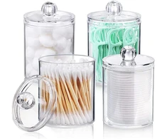 4 vnt. medvilninių tamponų laikiklių rinkinys, vonios kambario laikymo konteineriai, skaidrūs plastikiniai vaistinių indeliai su dangteliais medvilniniams tamponams, apvaliems vatos diskeliams ir dantų siūlui laikyti