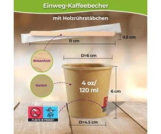 400 vienkartinių kraft popierinių kartoninių kavos puodelių 110 ml / 4 oz puodeliai trumpai kavai, lungo, espresso ir daugiau su atskirai popieriuje įvyniotais mediniais maišikliais
