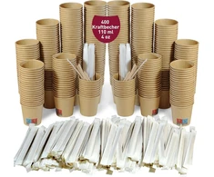 400 vienkartinių kraft popierinių kartoninių kavos puodelių 110 ml / 4 oz puodeliai trumpai kavai, lungo, espresso ir daugiau su atskirai popieriuje įvyniotais mediniais maišikliais