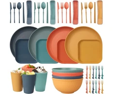 48 dalių nedūžtantis indų rinkinys, daugkartinio naudojimo stovyklavimui 4 asmenims, plastikiniai indai, piknikui, lengvas, spalvingas grilis, plastikinės serviravimo lėkštės, dubenys, stalo įrankiai