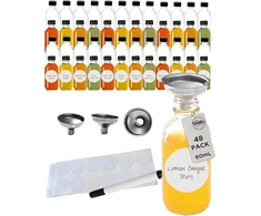 48 vnt. x stikliniai buteliukai 60 ml. vitaminų šotas sultims + piltuvėliai ir etiketės