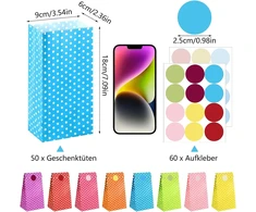 50 dovanų maišelių rinkinys, popieriniai maišeliai vaikų gimtadieniui, maži maišeliai su lipdukais, kraft popieriniai maišeliai, saldainių maišeliai, vakarėlių maišeliai gimtadienio vakarėliui, vestuvėms, velykoms (9 x 18 x 5,5 cm, taškeliai)