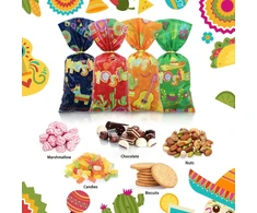 50 vnt. meksikietiškos fiesta vakarėlio dovanų maišeliai celofaniniai cinco de mayo vakarėlio reikmenys saldainiams sausainiams užkandžiams kaktusas taco papel picado plastikinis dovanų maišelis