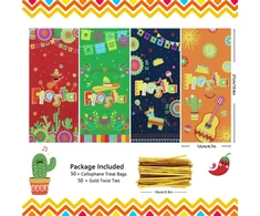 50 vnt. meksikietiškos fiesta vakarėlio dovanų maišeliai celofaniniai cinco de mayo vakarėlio reikmenys saldainiams sausainiams užkandžiams kaktusas taco papel picado plastikinis dovanų maišelis