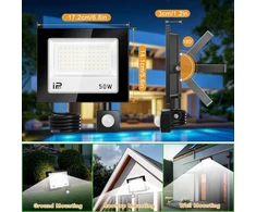 50w Led prožektorius su judesio davikliu lauke, 5000lm 7000k itin ryškus prožektorius, Ip67 vandeniui atsparus priekinis žibintas su nuotoliniu valdymu, šaltai baltas lauko prožektorius sodui, garažui, sporto aikštelei, kiemui