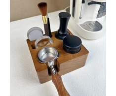 58 mm reguliuojamas, daugiafunkcinis medinis kavos grūstuvo stovas, kavos grūstuvo laikiklis, stovas su kavos portafiltro laikymu, riešutmedžio medienos kavos grūstuvas