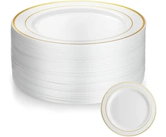 5five Simply Smart 50 vnt. baltų plastikinių lėkščių su auksiniu apvadu, 19 cm
