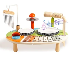 6 viename vaikiškas būgnų rinkinys, medinis būgnų rinkinys, muzikinis staliukas su ksilofonu ir vėjo varpeliais, montessori mušamųjų instrumentų žaislas kūdikiams nuo 1 metų, dovana, b