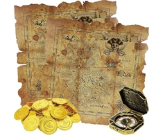 64 vienetų piratų tematikos žaislų rinkinys, įskaitant 60 vienetų piratų auksinių monetų imitacijų, 2 lobio žemėlapius ir 2 piratų kompasus lobio paieškos žaidimų rinkiniui, gimtadieniui