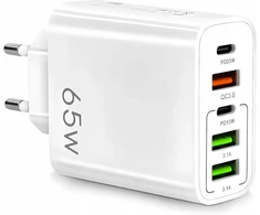 65w Greitasis tinklo įkroviklis: 2x Usb-c Powerdelivery 3x Usb-a Qc 3.0 Baltas