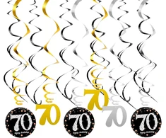 70-ojo gimtadienio dekoravimo spiralės rinkinys, sidabro, juodos ir aukso spalvos 70-ojo gimtadienio vakarėlio sūkuriai, folijos lubų pakabinamos dekoracijos moterims, vyrams, jubiliejui, vestuvių vakarėliui, 18 vienetų (70)