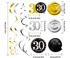70-ojo gimtadienio dekoravimo spiralės rinkinys, sidabro, juodos ir aukso spalvos 70-ojo gimtadienio vakarėlio sūkuriai, folijos lubų pakabinamos dekoracijos moterims, vyrams, jubiliejui, vestuvių vakarėliui, 18 vienetų (70)