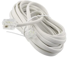 8 m ilgio rj11 kabelis, telefono kabelis, 6p4c western kabelis, rj11 į rj11 kištukas, plokščias kabelis, telefono lizdas, modemo maršrutizatorius, faksas, isdn, dsl, vdsl internetas, baltas, 8 metrai