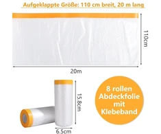 8 ritinėliai maskavimo plėvelės su lipnia juosta, 110 cm x 20 m, skaidri maskavimo plėvelė su auksine juosta, uv atspari maskavimo juosta apsaugai nuo dulkių, lipni dažytojo plėvelė vidaus ir lauko darbams