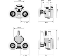8 x chromuoti dušo voleliai / bėgeliai / ratukai, pakaitiniai voleliai 23 mm (8 dvigubi voleliai 23 mm)